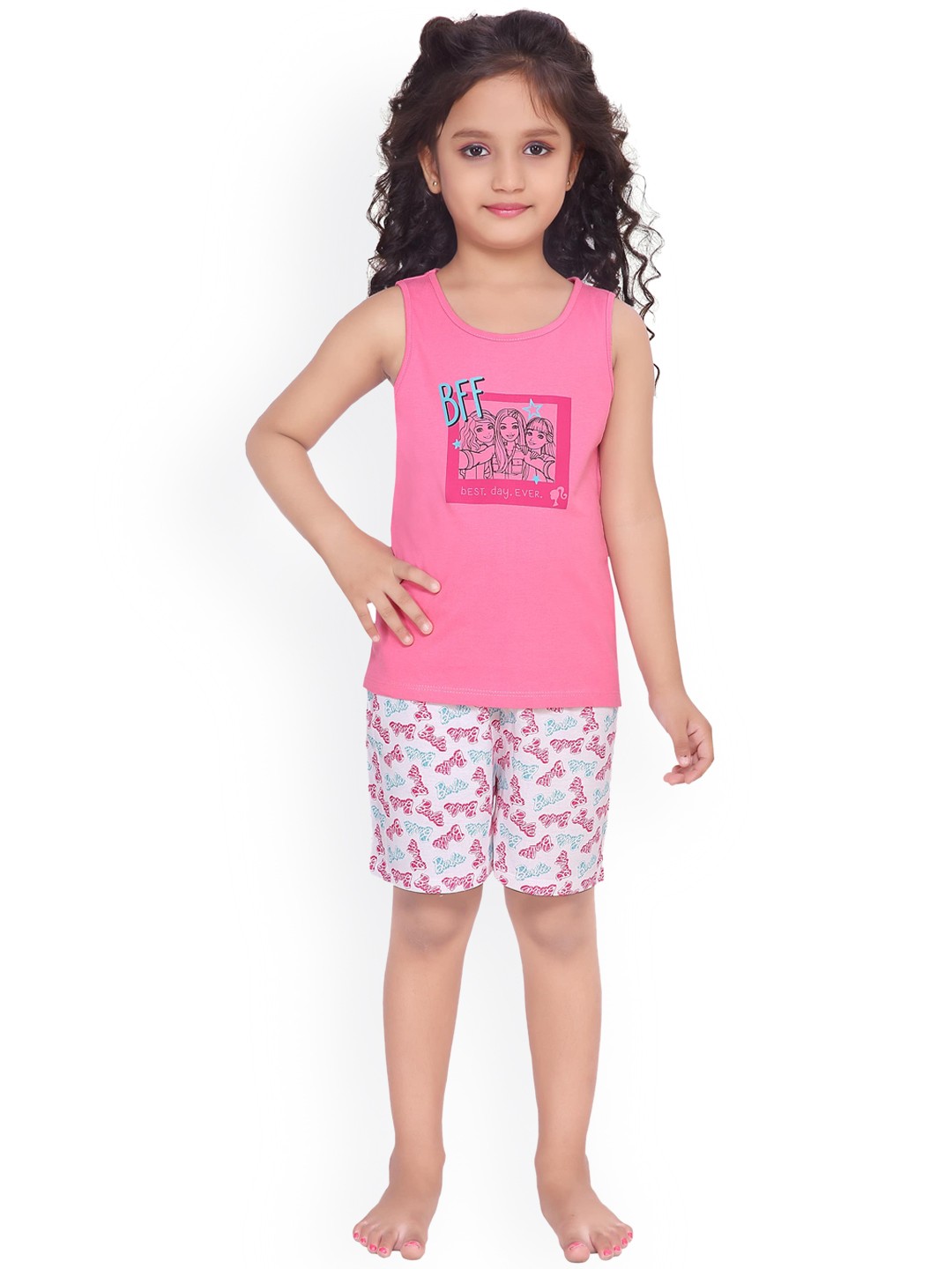

Barbie Girls Pink & White Printed Night suit