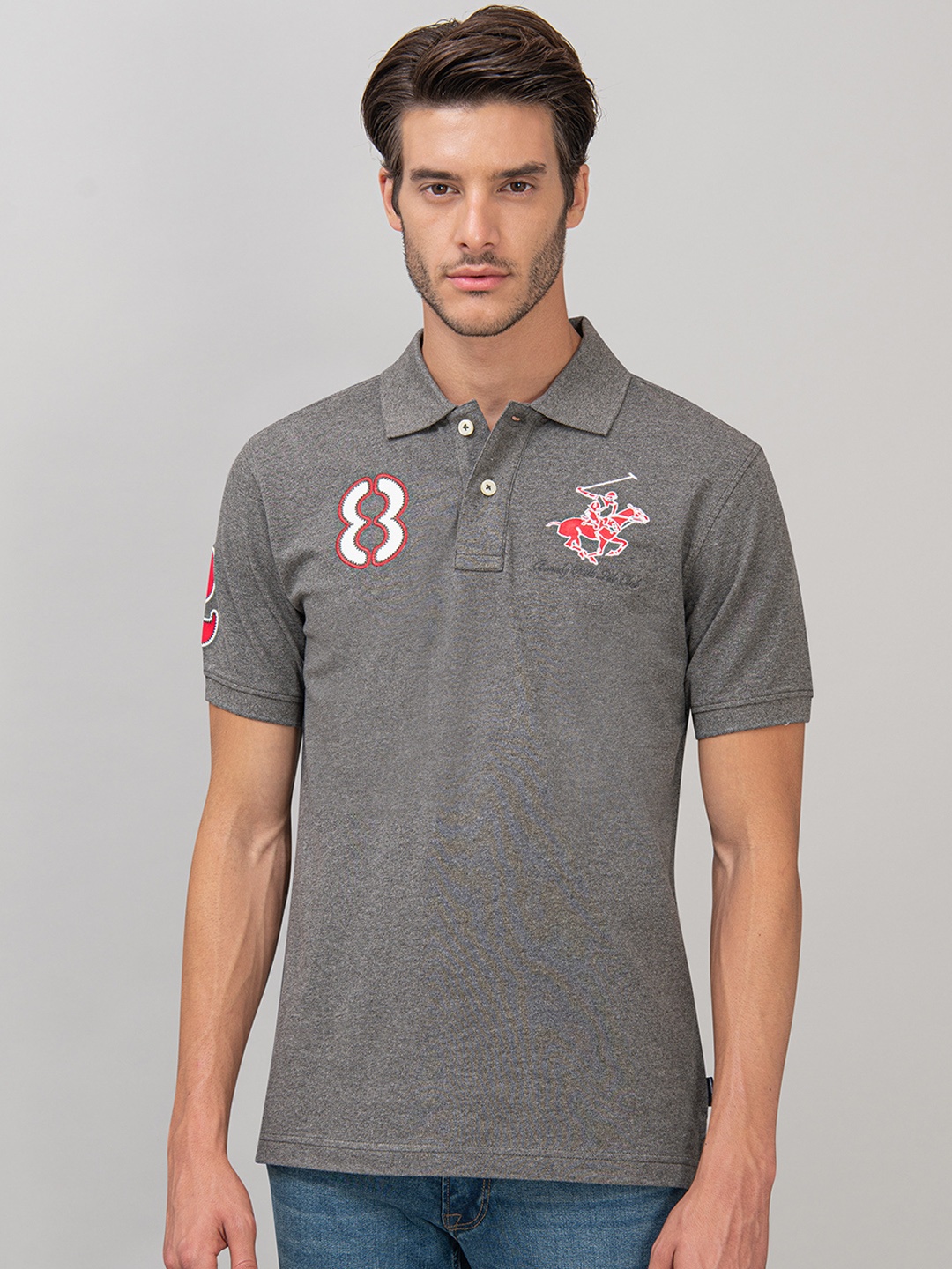 

Beverly Hills Polo Club Men Grey Self Design Polo Collar T-shirt