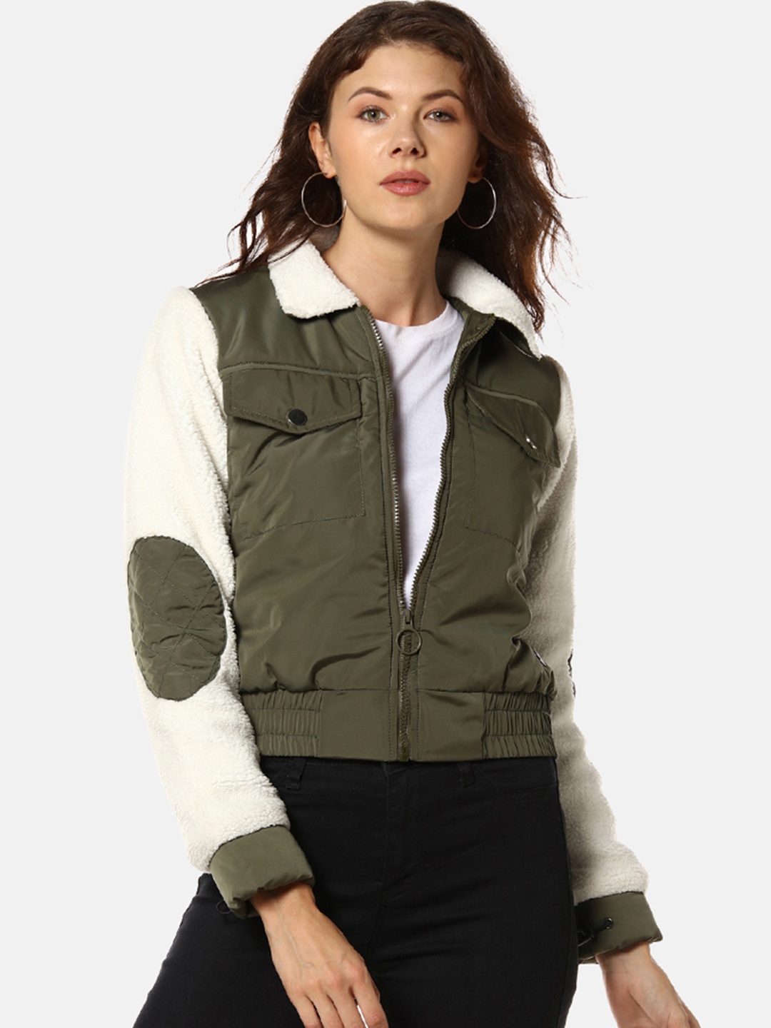 

Campus Sutra Women Olive Green Solid Windcheater Bomber Jacket