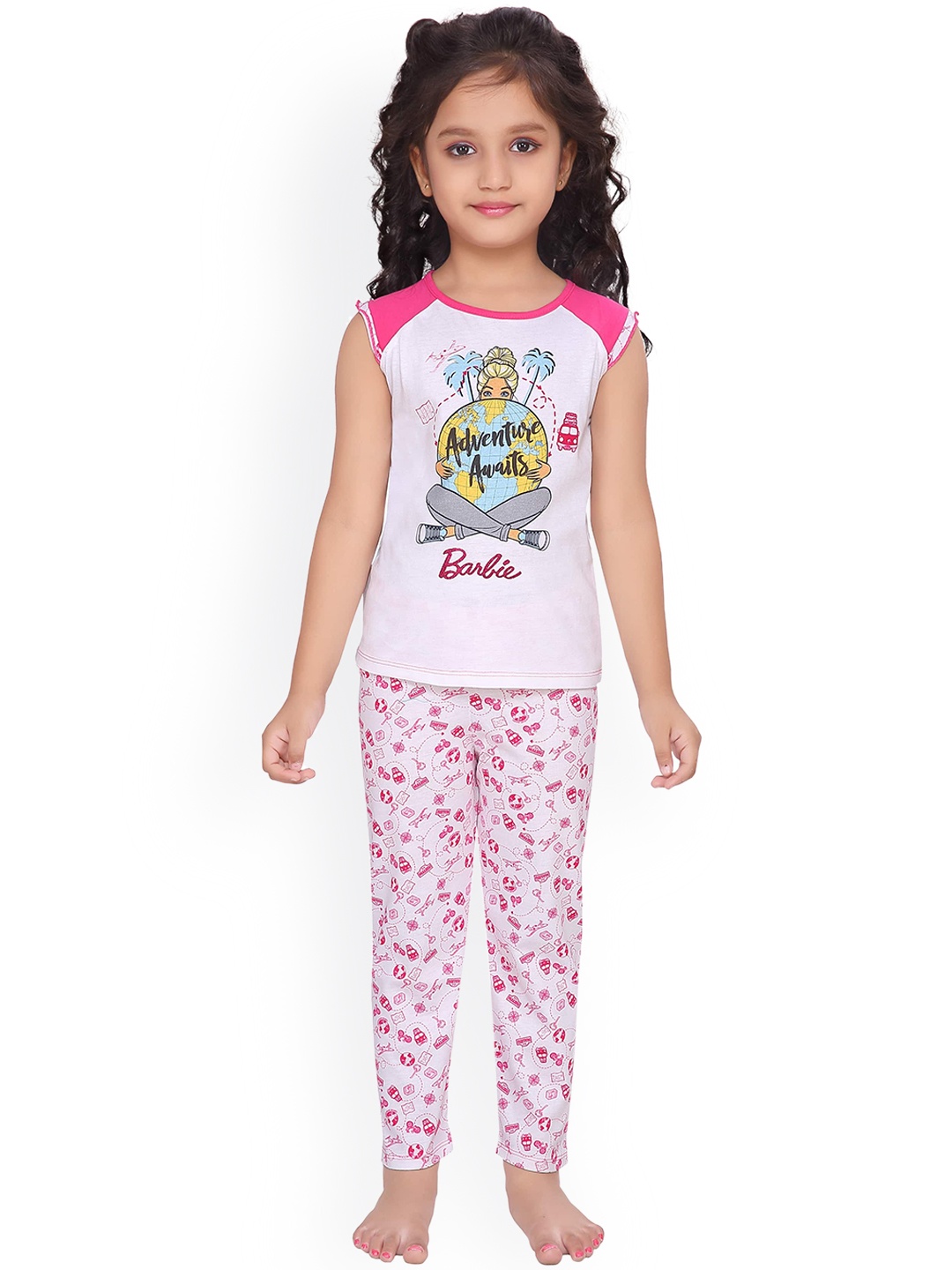 

Barbie Girls White & Pink Barbie Printed Pure Cotton Night Suit