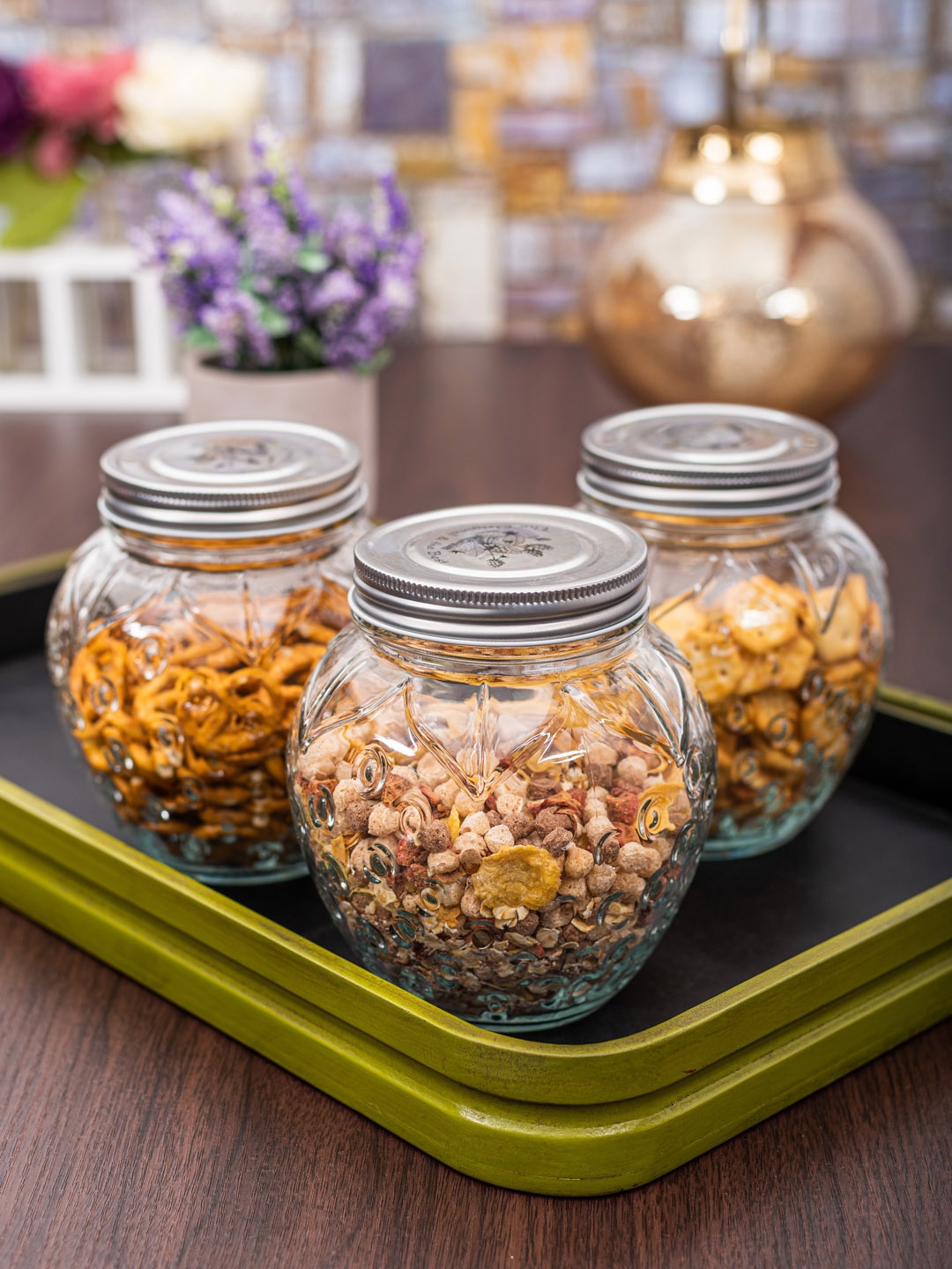 

White Gold Set Of 3 Transparent Textured Glass Storage Jars