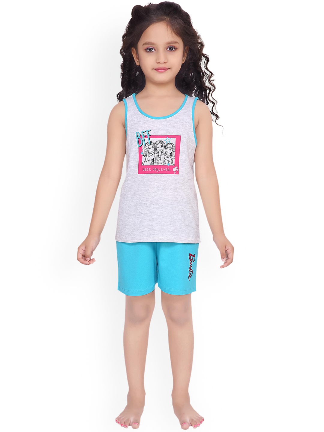 

Barbie Girls Grey Melange & Turquoise Blue Barbie Print Night suit