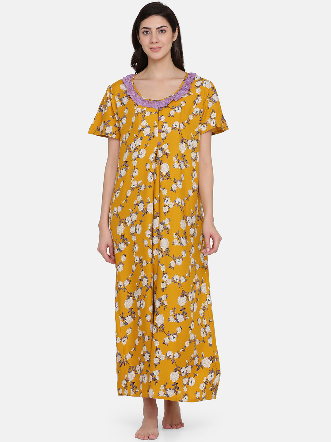 

Clovia Mustard Yellow & White Printed Nightdress