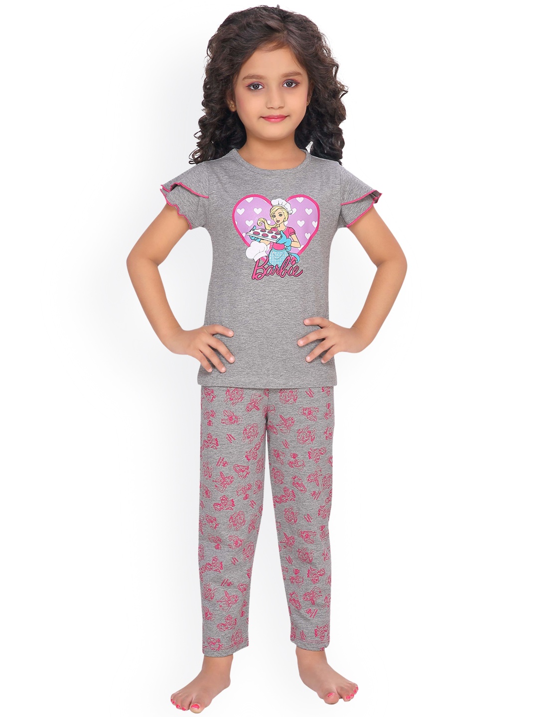 

Barbie Girls Grey & Pink Printed Night Suit