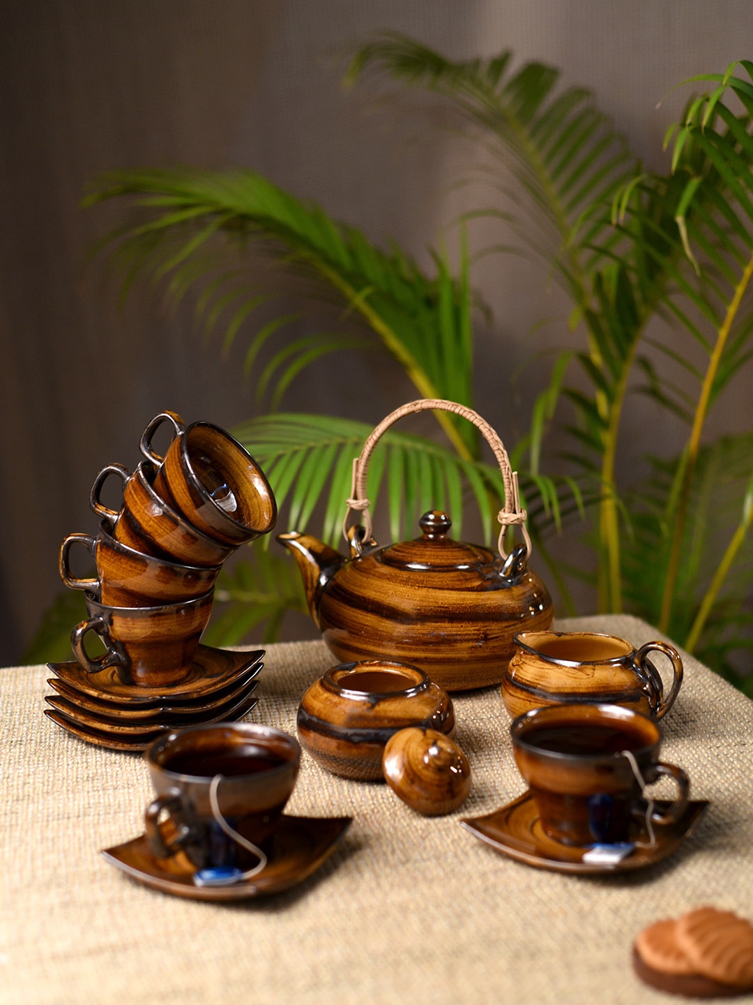 

Unravel India Set Of 15 Brown Printed Studio Pottery Stoneware Tea Set