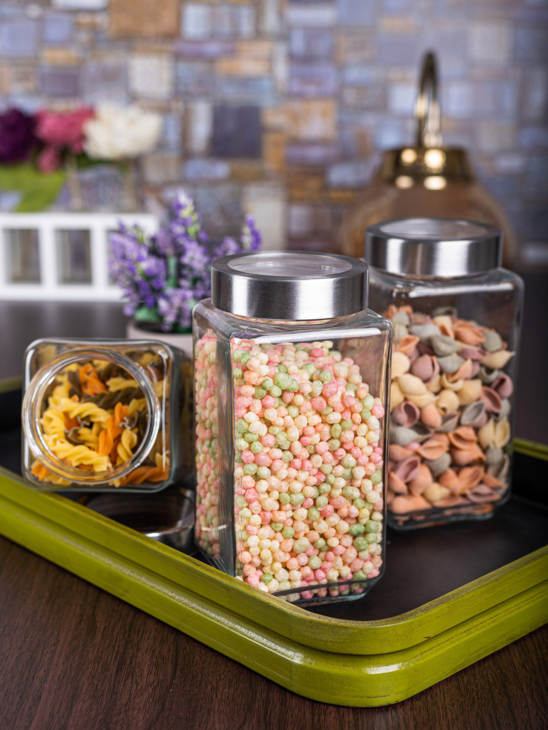 

White Gold Set Of 3 Transparent Solid Glass Storage Jars With Silver-Toned Lids