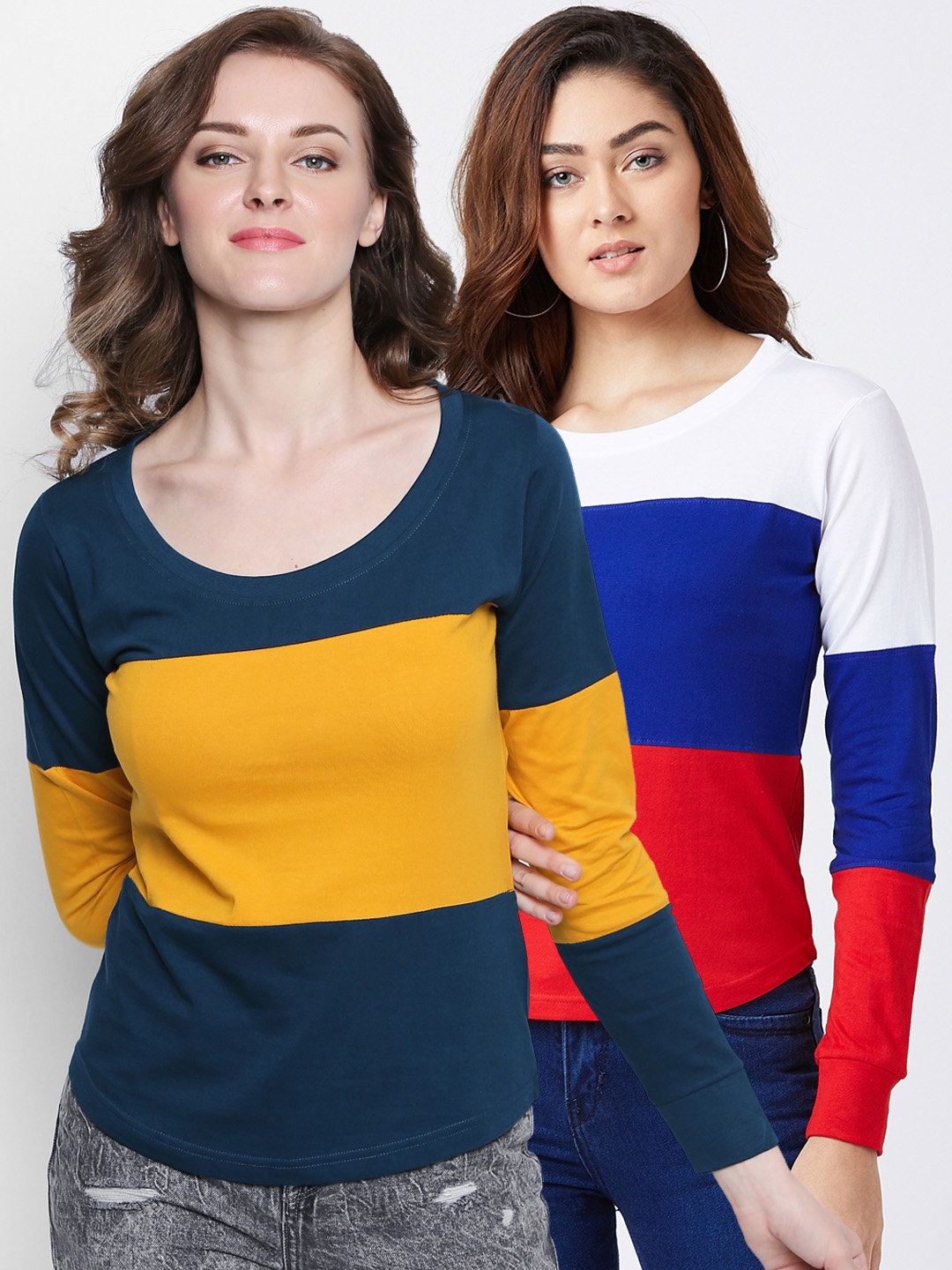 

The Dry State Women Pack of 2 Multicoloured Colourblocked Round Neck T-shirts, Multi