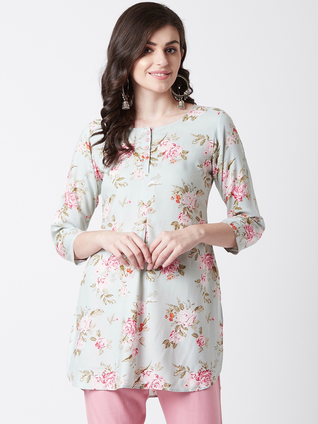 

Tissu Women Green & Pink Floral Print Straight Kurti