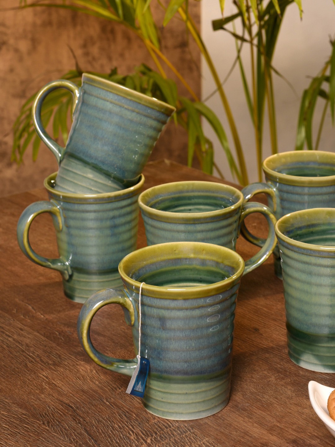

Unravel India Set Of 6 Blue & Green Studio Pottery Ceramic Tea Coffee Mugs