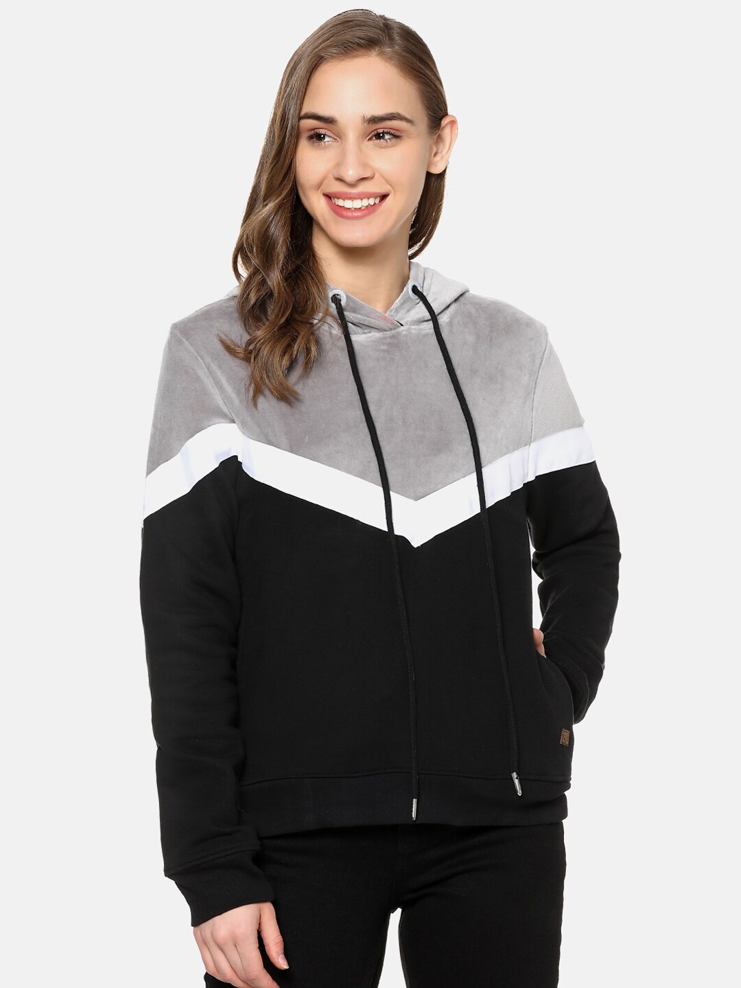 

Campus Sutra Women Black & Grey Colourblocked Hooded Sweatshirt