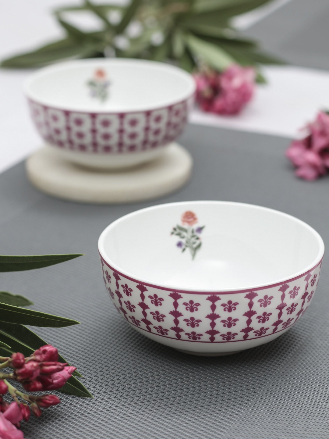 

India Circus Set Of 6 White & Pink Floral Printed Ceramic Designer Bowls