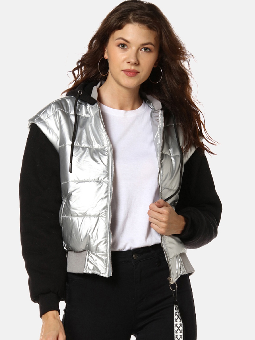

Campus Sutra Women Grey & Black Colourblocked Padded Jacket