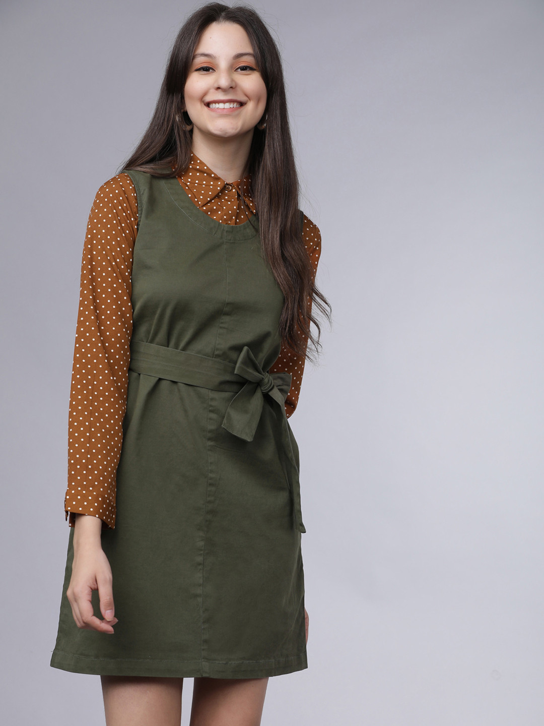 

Tokyo Talkies Women Olive Green Solid Pinafore Dress