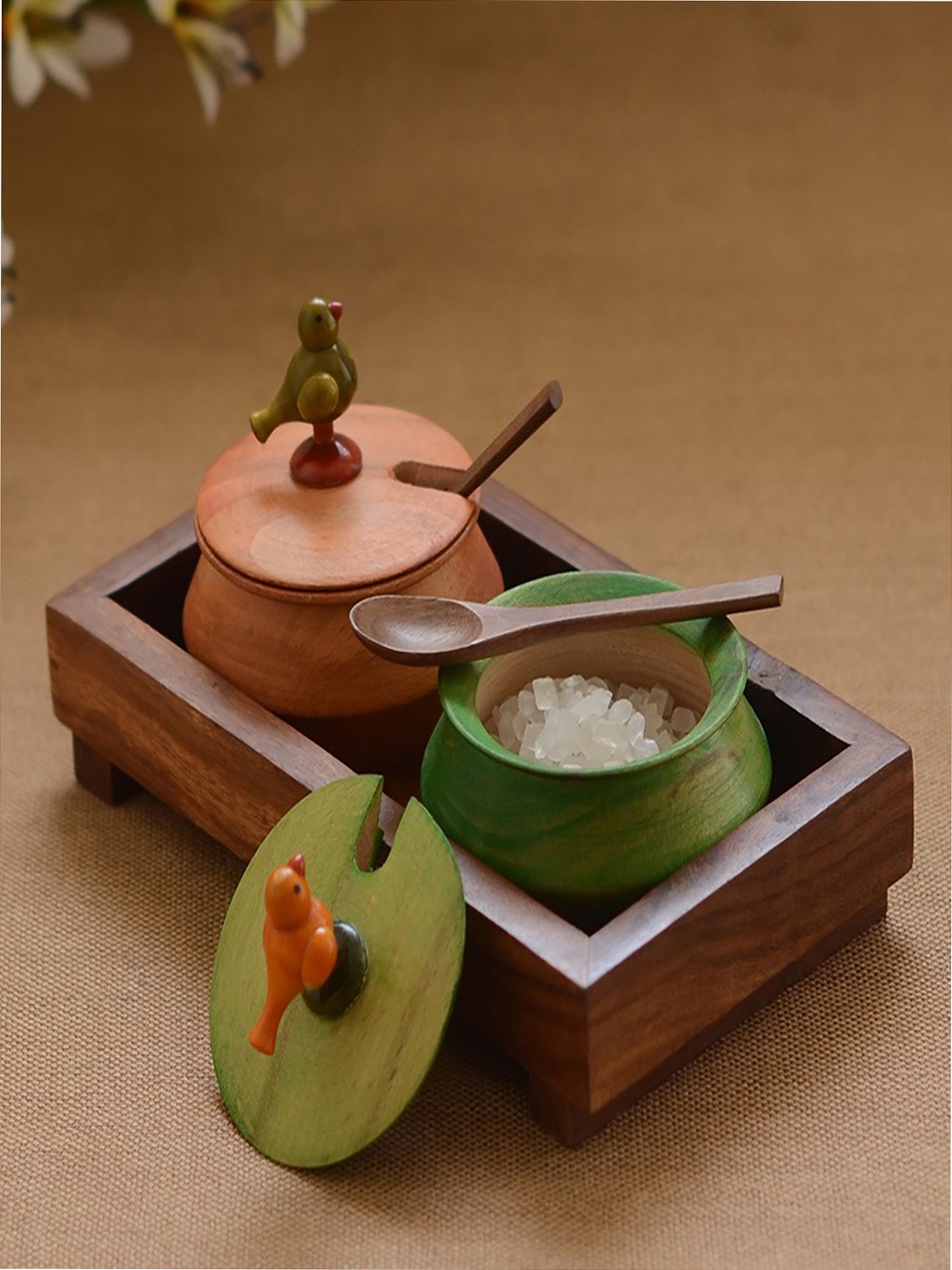 

Unravel India Brown & Green Wooden Jar Set with Base Tray & Spoon