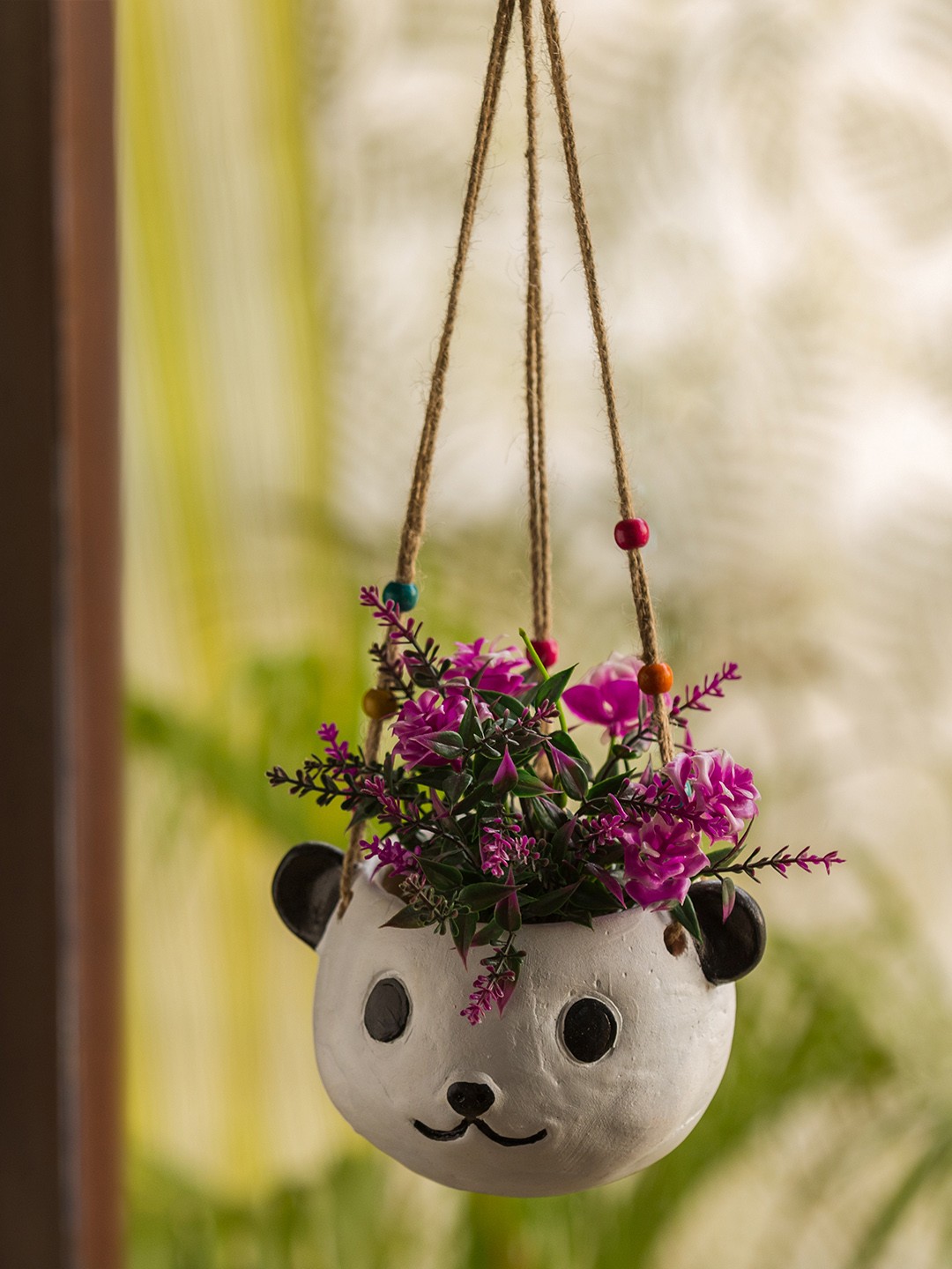 

ExclusiveLane Swinging Panda Hand-Painted Terracotta Hanging Planters Pot, White