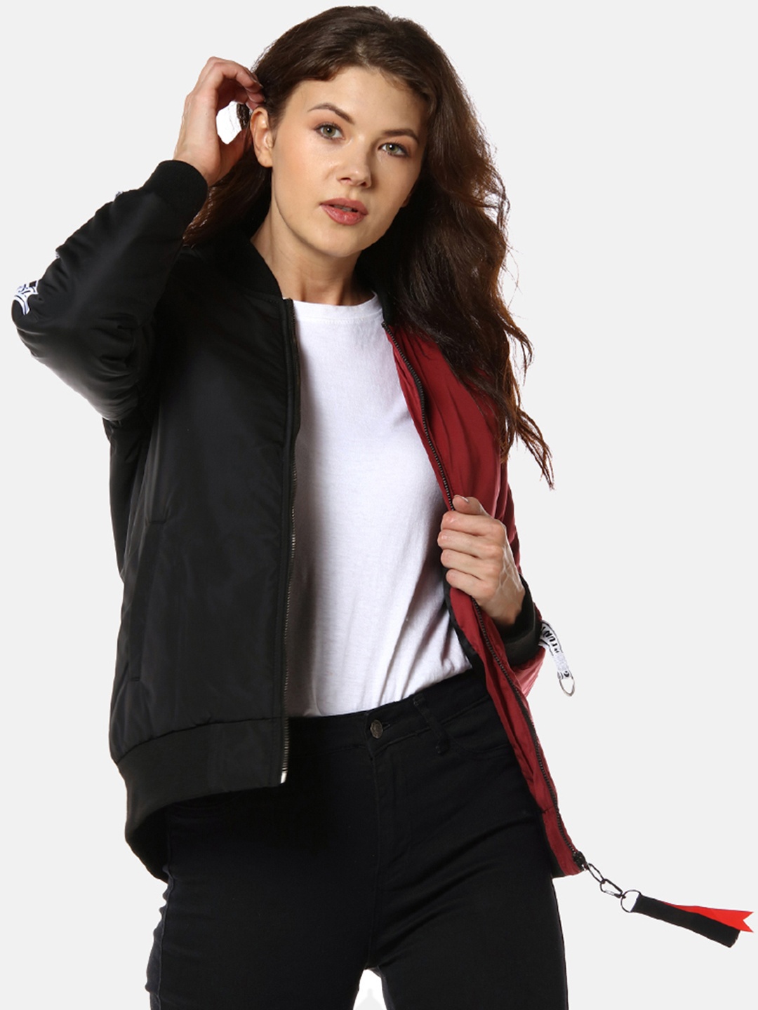 

Campus Sutra Women Black & Maroon Colourblocked Windcheater Bomber