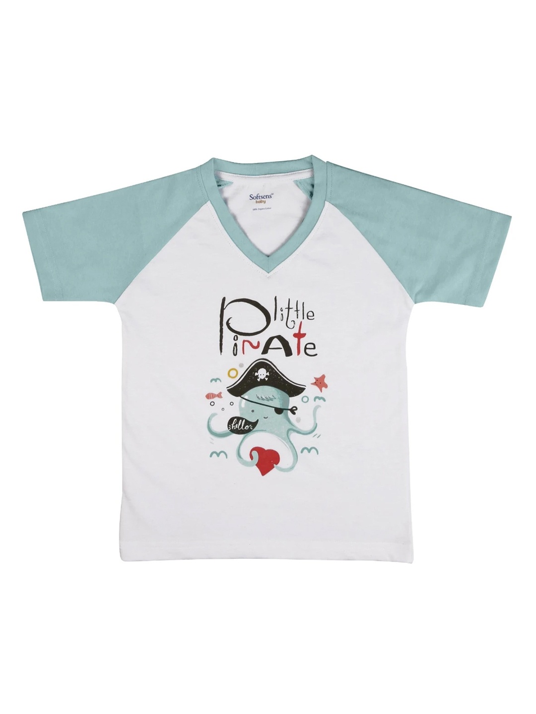 

Softsens Unisex Kids White Organic Cotton Printed V-Neck T-shirt