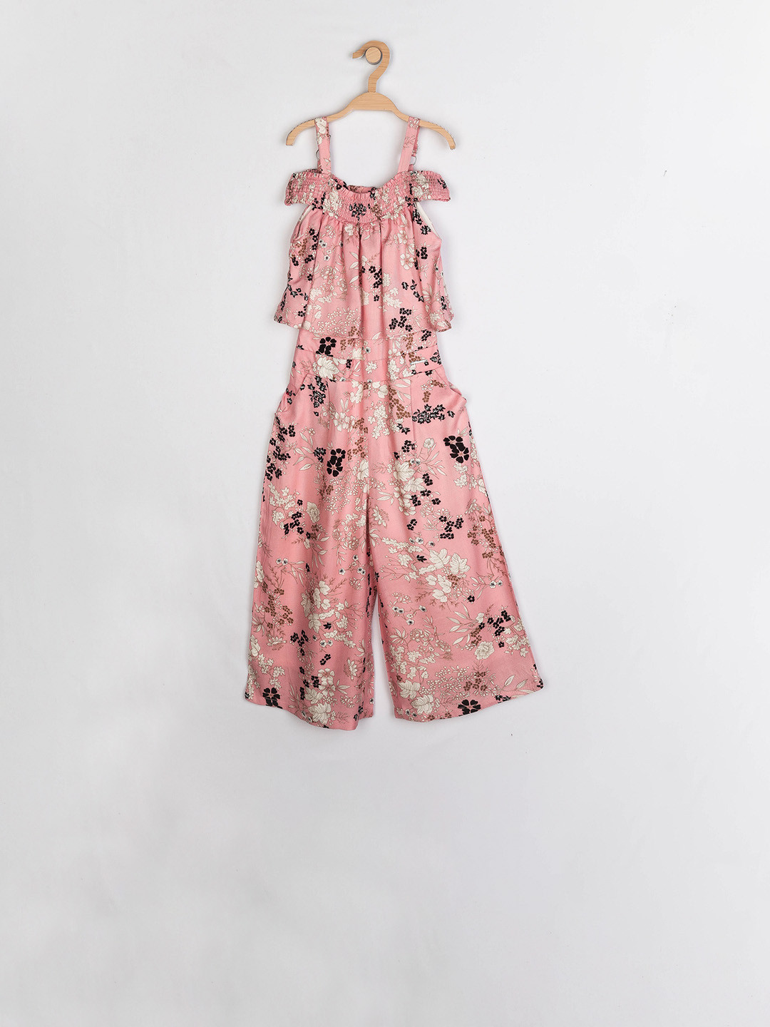 

Peppermint Girls Peach-Coloured & White Printed Basic Jumpsuit
