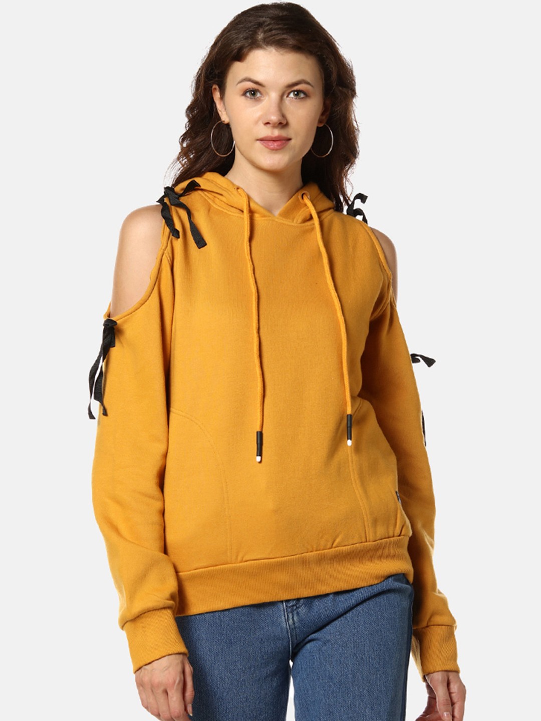 

Campus Sutra Women Yellow Solid Hooded Sweatshirt