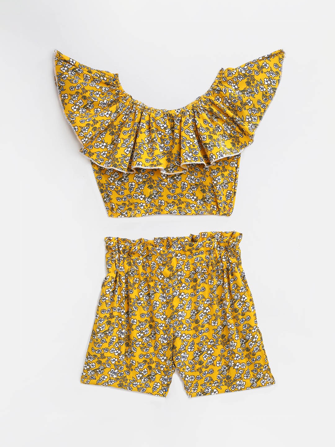 

KIDSCRAFT Girls Yellow & White Printed Top with Shorts