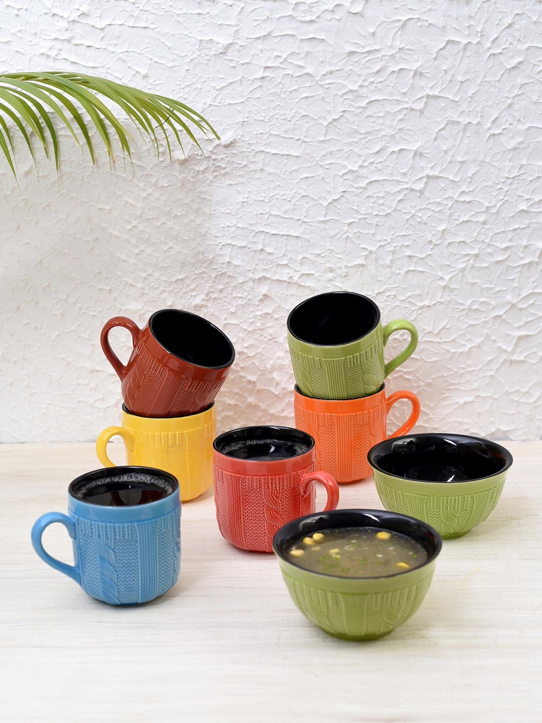 Unravel India Set Of 8 Textured Ceramic Hand Knitted Snack Set, Red