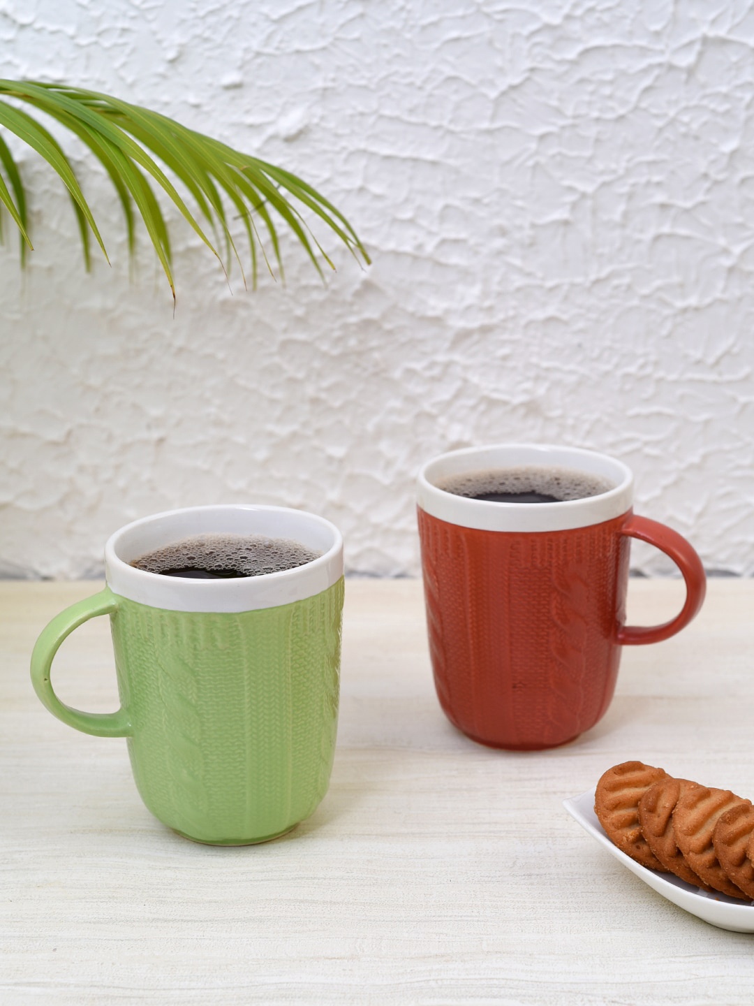 

Unravel India Set Of 2 Red & Green Textured Ceramic Tea Coffee Mugs