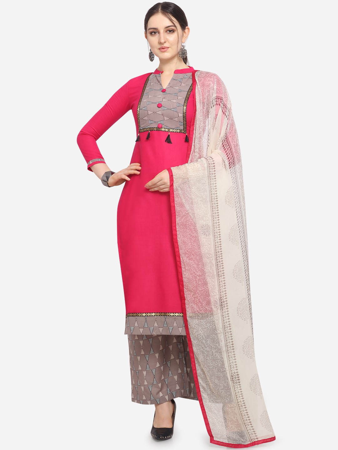

Ethnic Junction Pink & Grey Cotton Blend Unstitched Dress Material