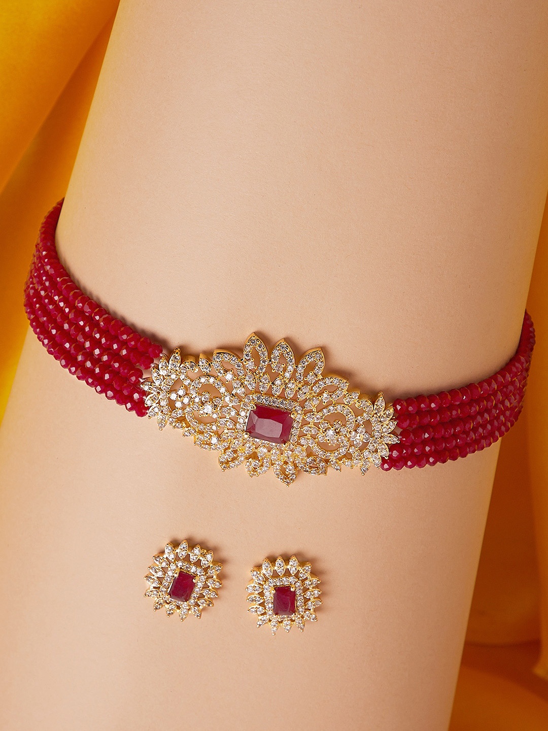 

GloBox By ZeroKaata Gold-Plated Maroon & White Stone-Studded Beaded Handcrafted Jewellery Set