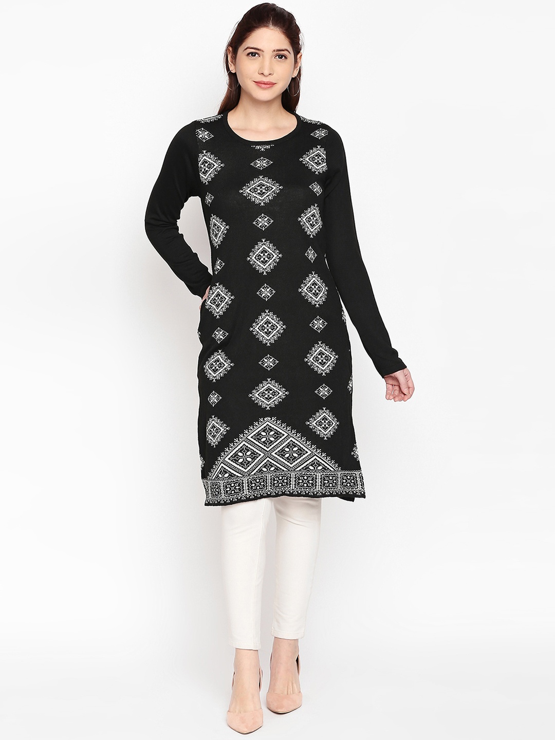 

RANGMANCH BY PANTALOONS Women Black & White Printed Straight Kurta