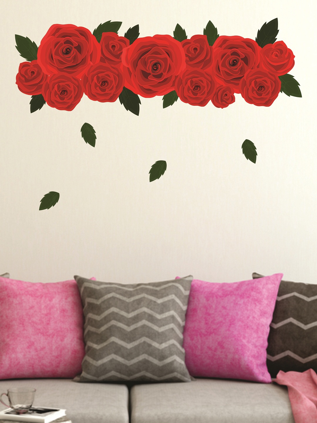 WALLSTICK Red & Green Flowers Large Vinyl Wall Sticker