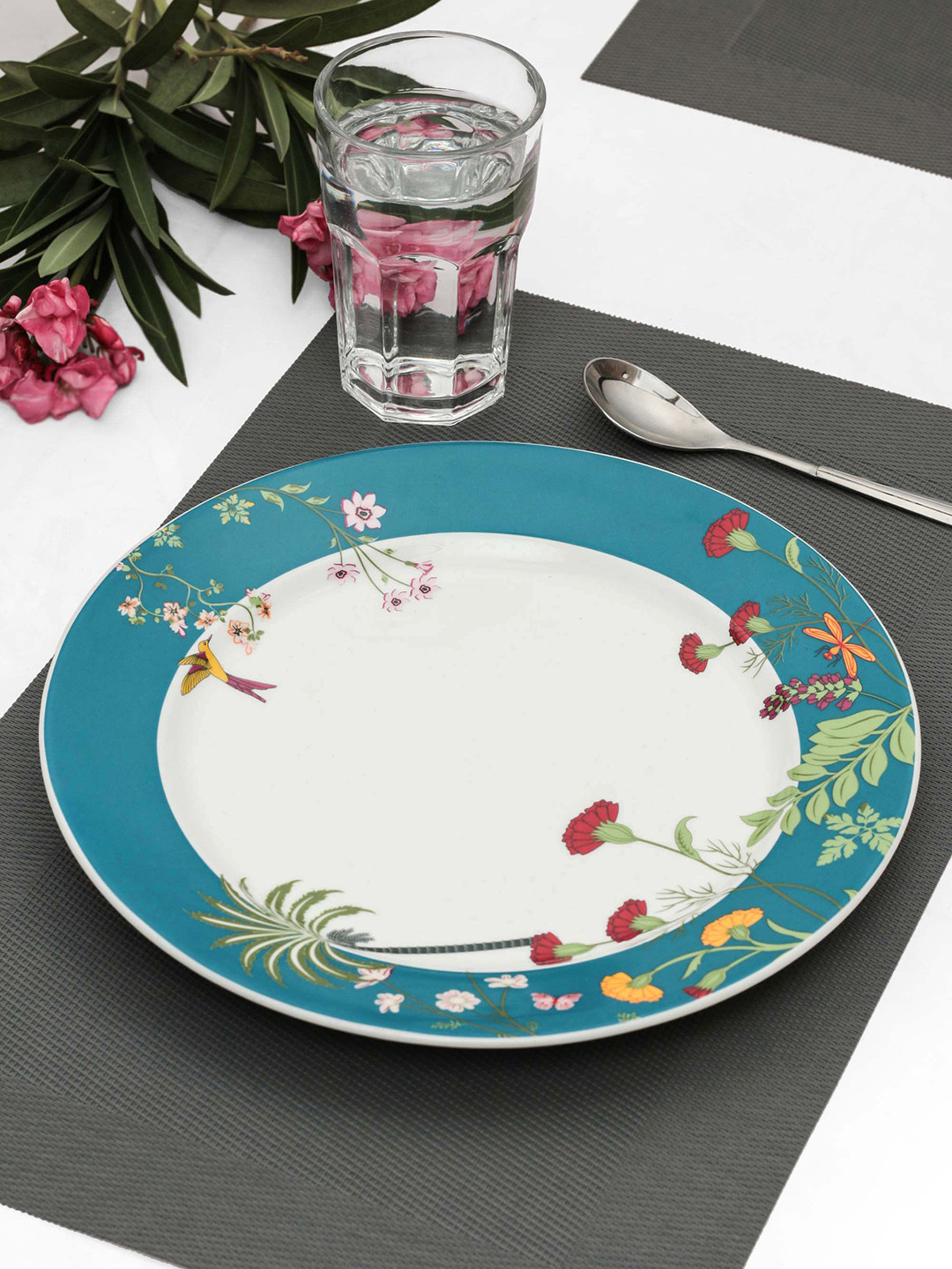 

India Circus White & Blue Floral Printed Ceramic Dinner Plate
