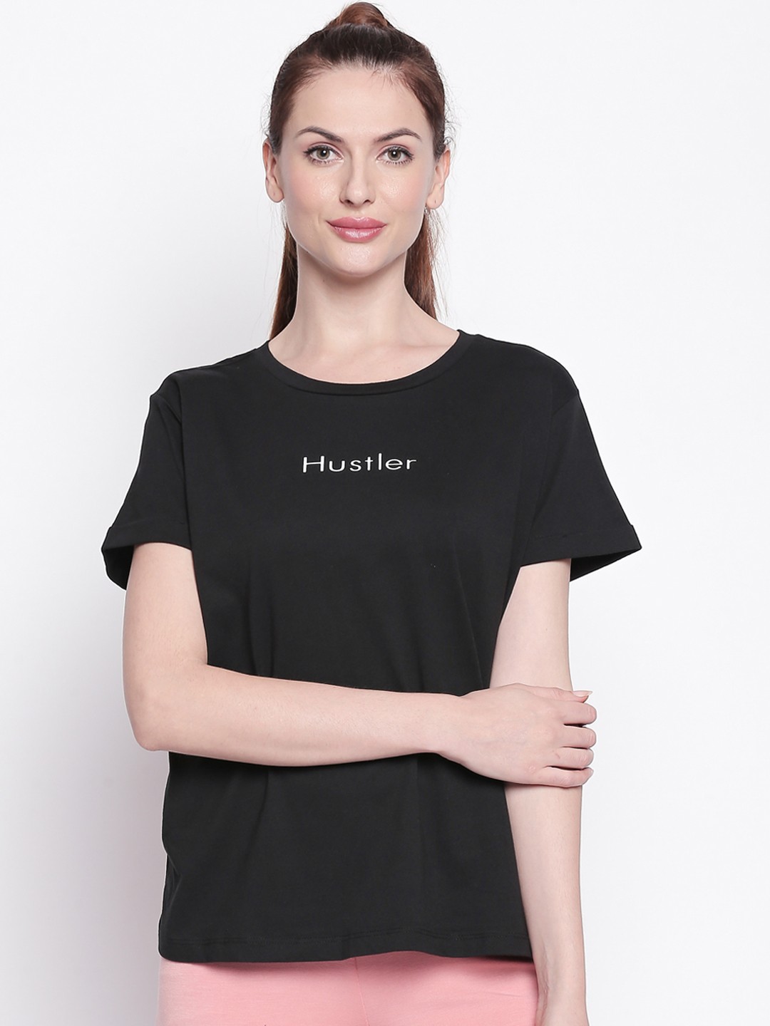 

Ajile by Pantaloons Women Black Printed Round Neck Pure Cotton T-shirt