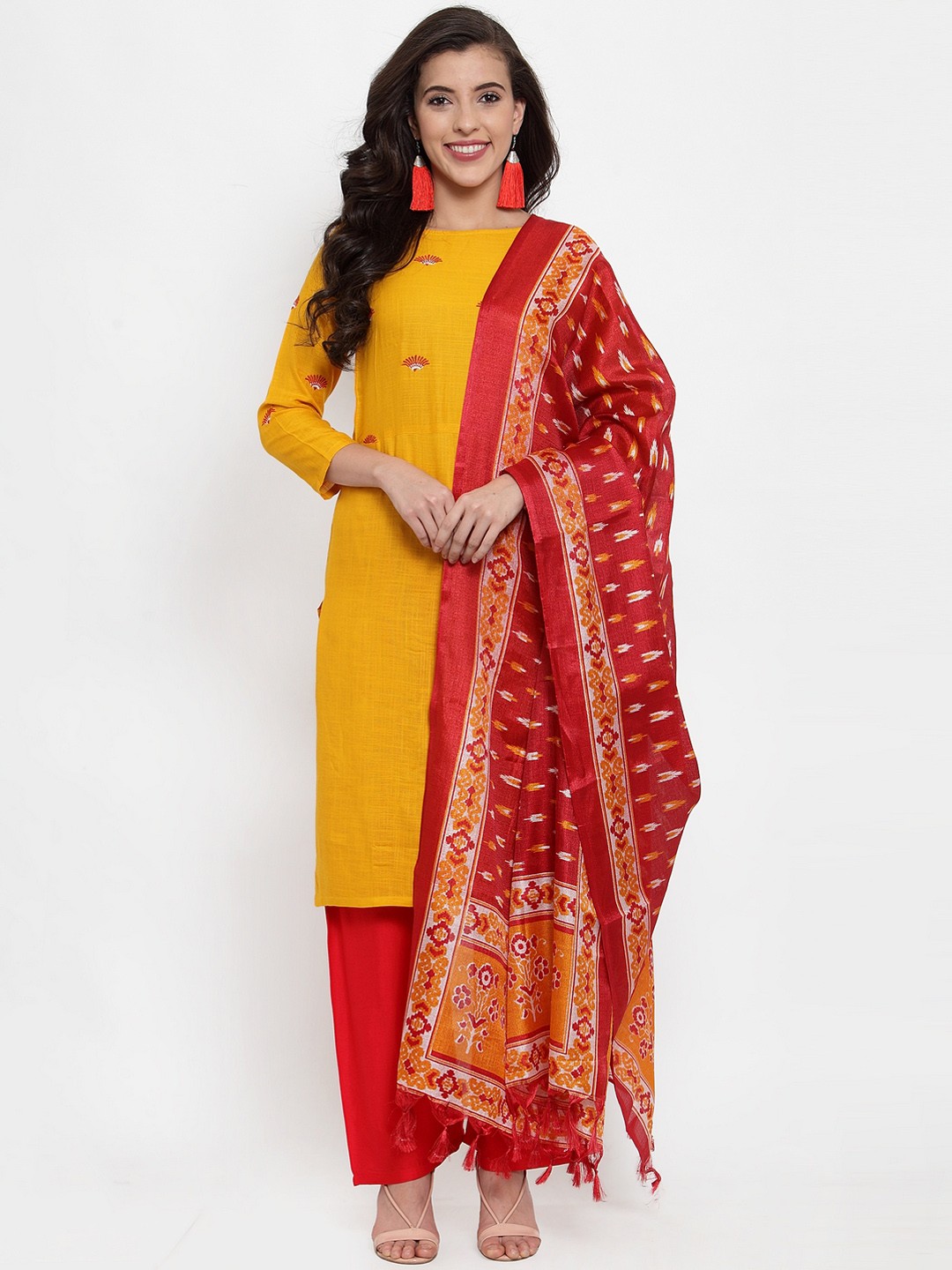 

Jompers Women Mustard Yellow & Red Embroidered Kurta with Palazzos & Dupatta