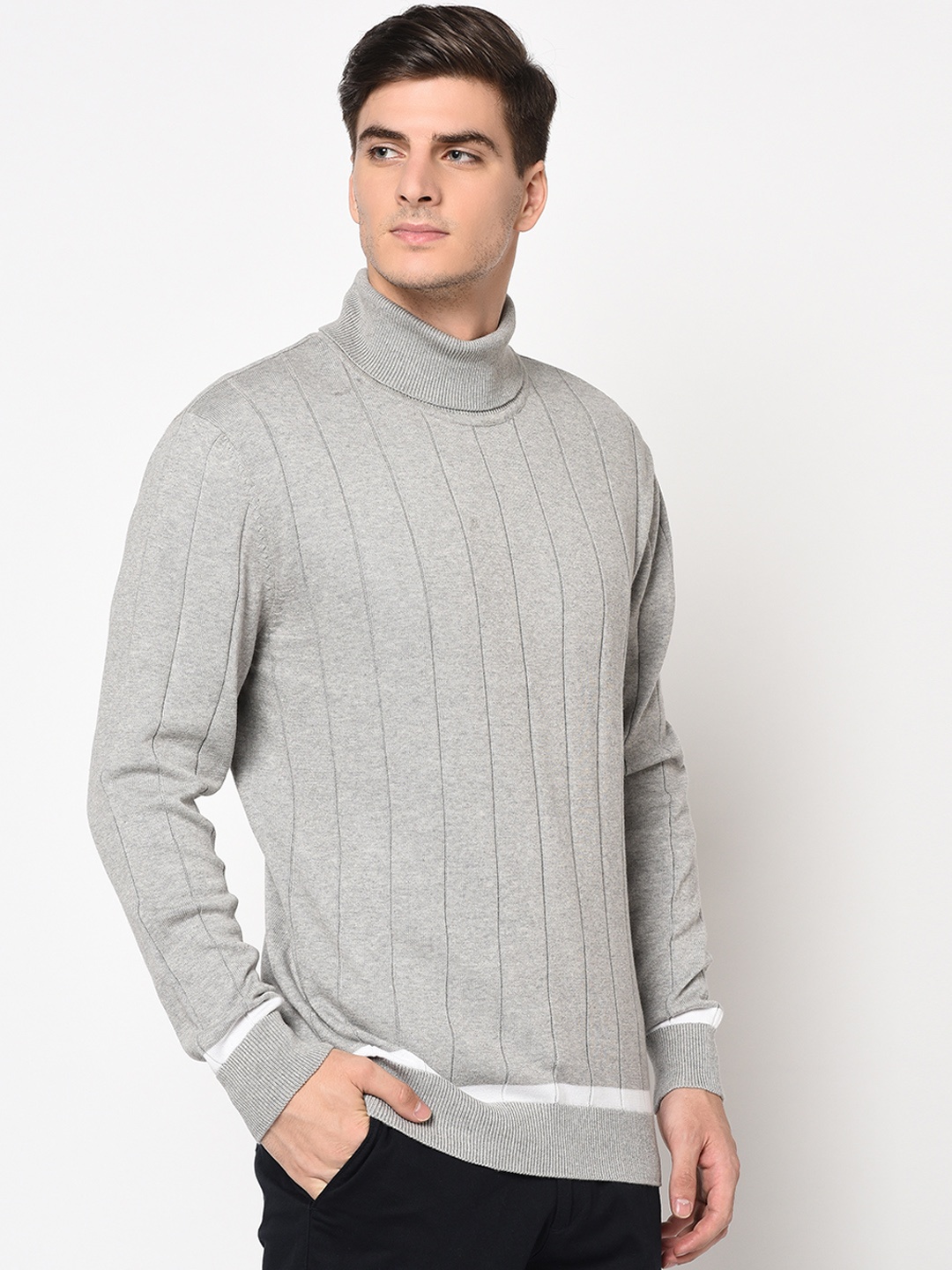 

ARMISTO Men Grey Melange & White Striped Pullover Sweater