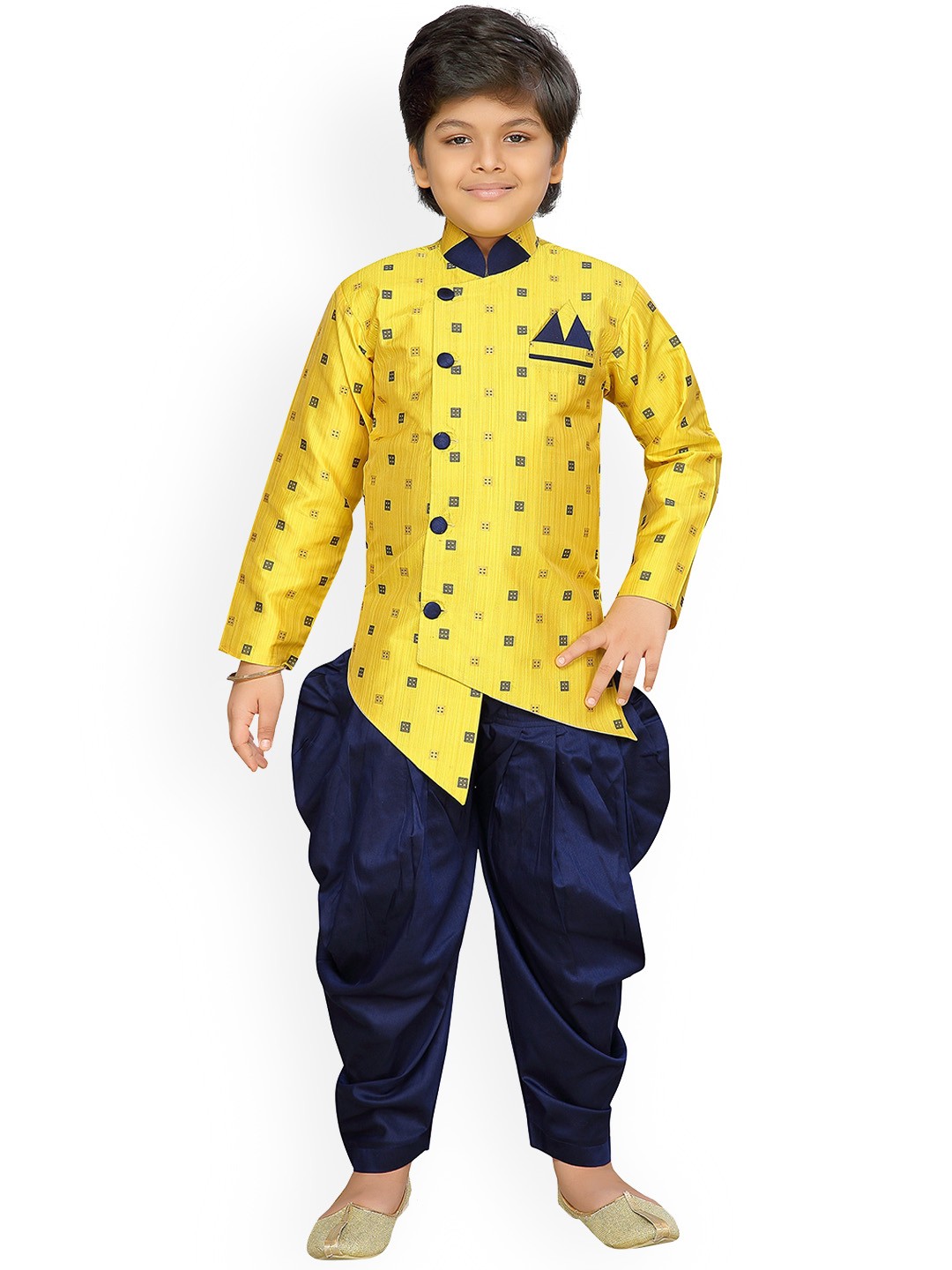 

Aj DEZInES Boys Yellow & Navy Blue Sherwani Set
