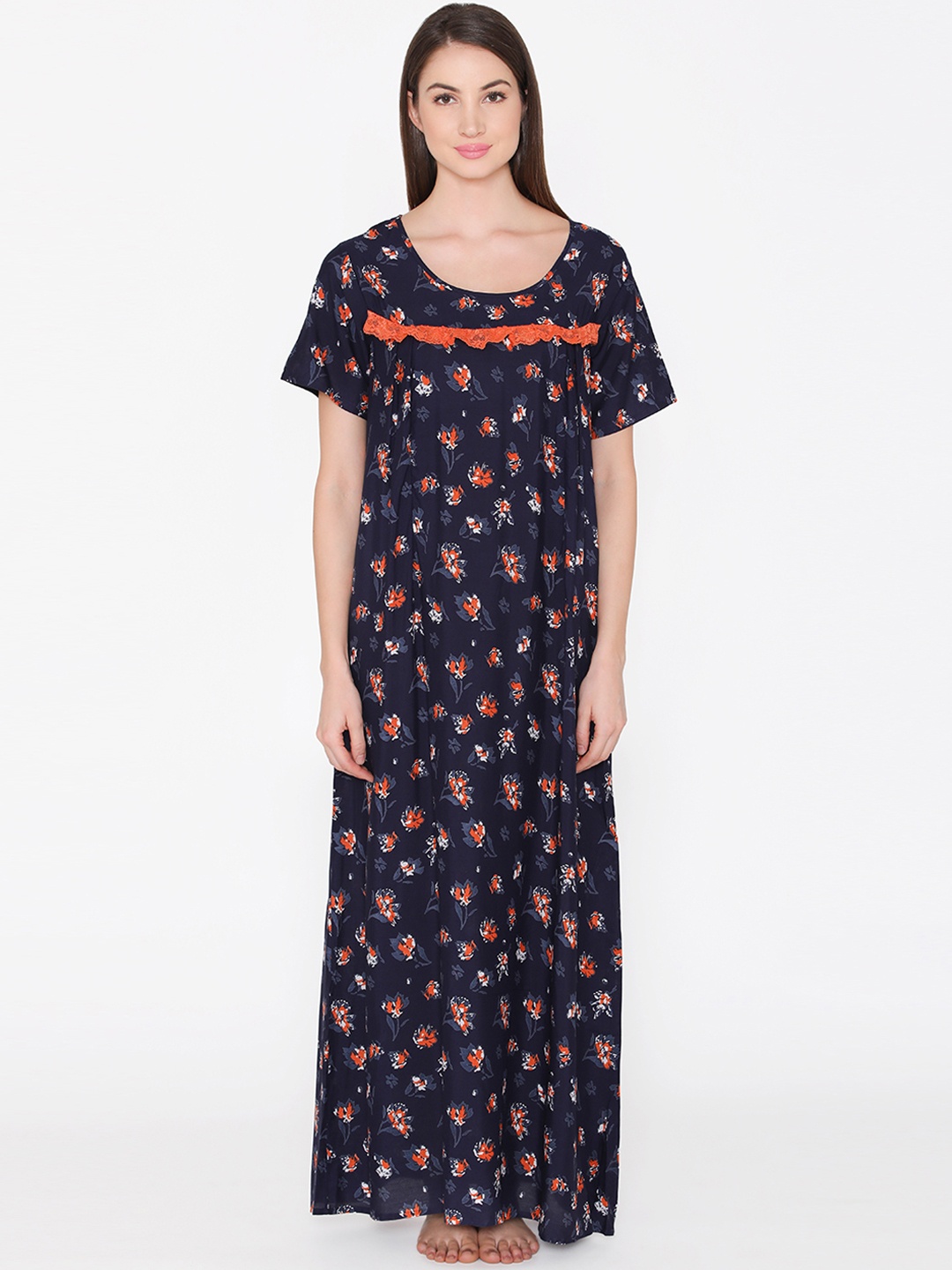 

Clovia Navy Blue & Orange Floral Printed Maternity Nightdress