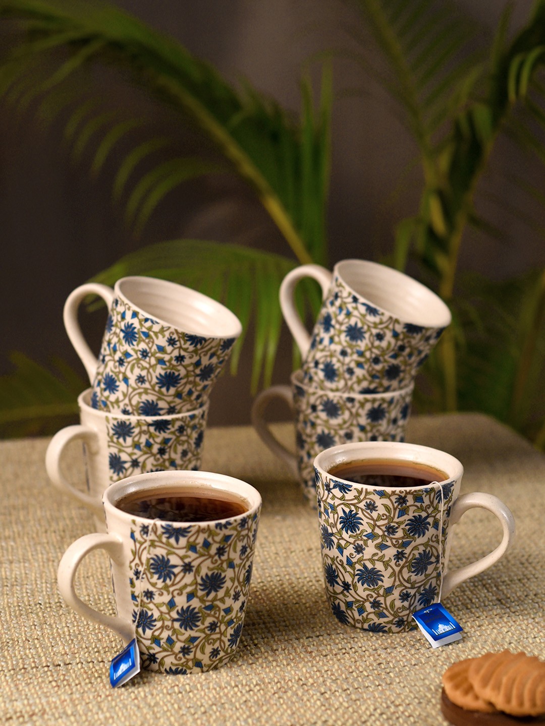 

Unravel India Set Of 6 White & Blue Printed Stoneware Coffee Mugs