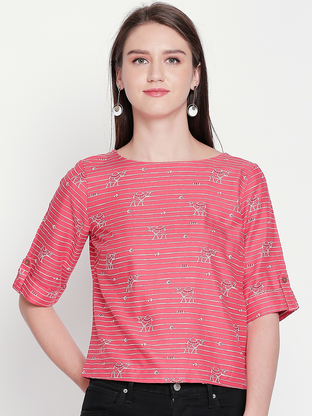 

AKKRITI BY PANTALOONS Women Pink & White Striped A-Line Top