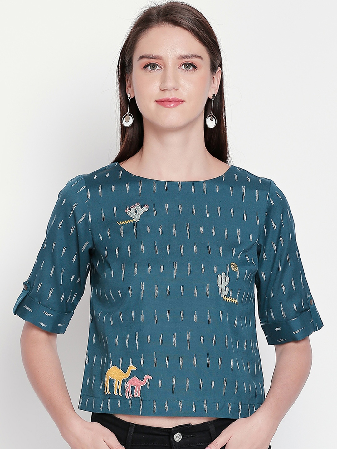 

AKKRITI BY PANTALOONS Women Teal Blue Embroidered Blouson Pure Cotton Top