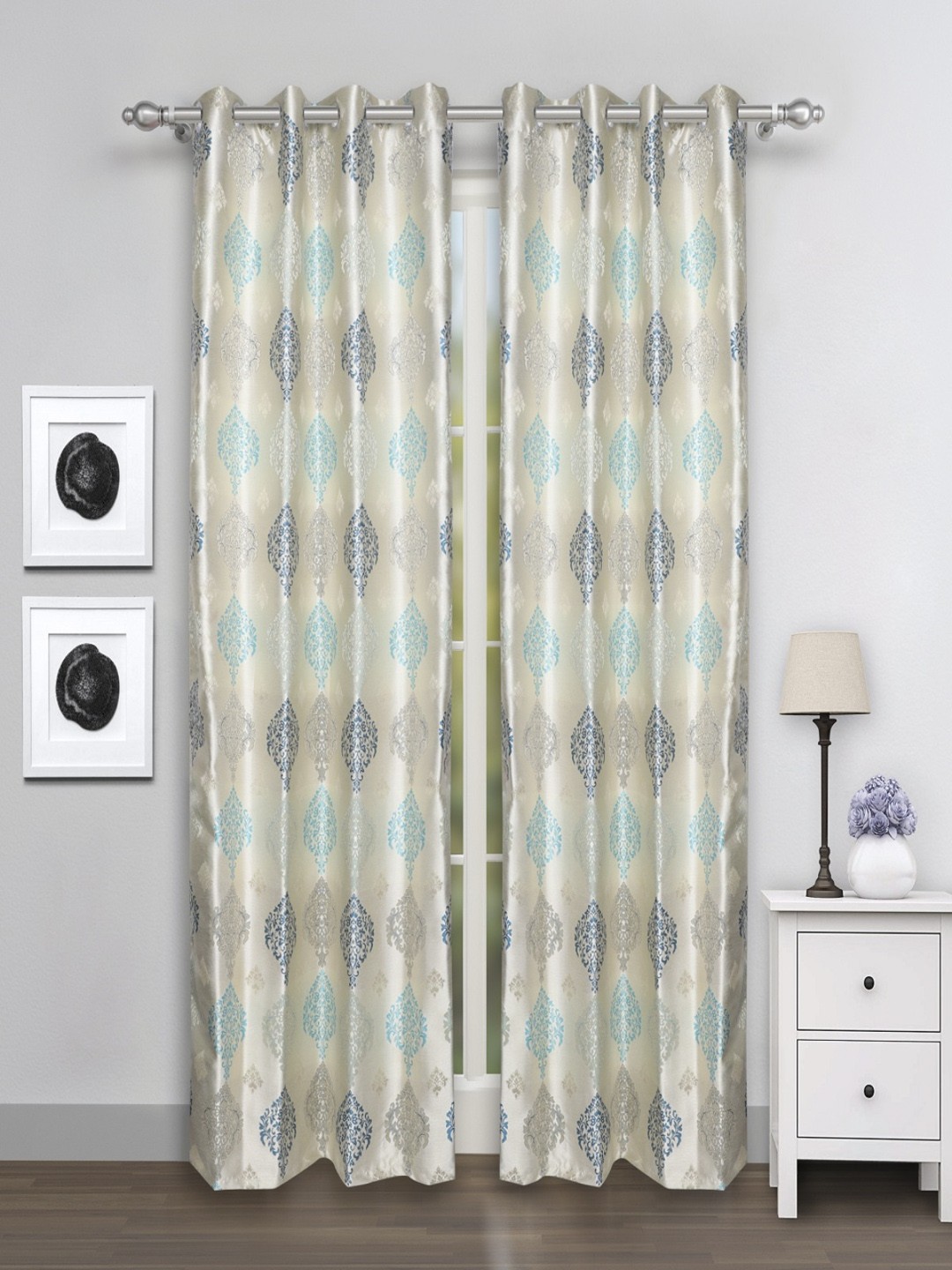 

ROMEE Set of 2 Cream-Coloured & Blue Printed Room Darkening Door Curtains