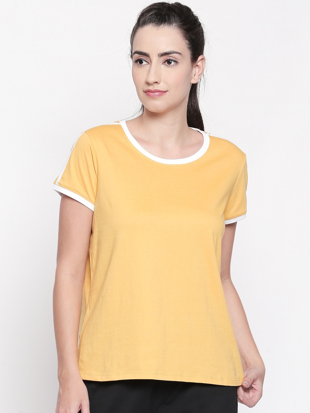 

Ajile by Pantaloons Women Mustard Yellow Solid Round Neck T-shirt