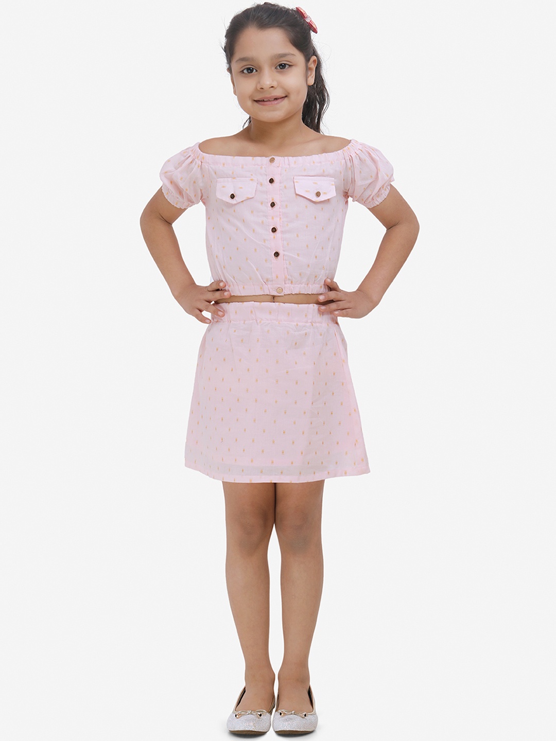 

Fairies Forever Girls Pink Self Design Top with Skirt