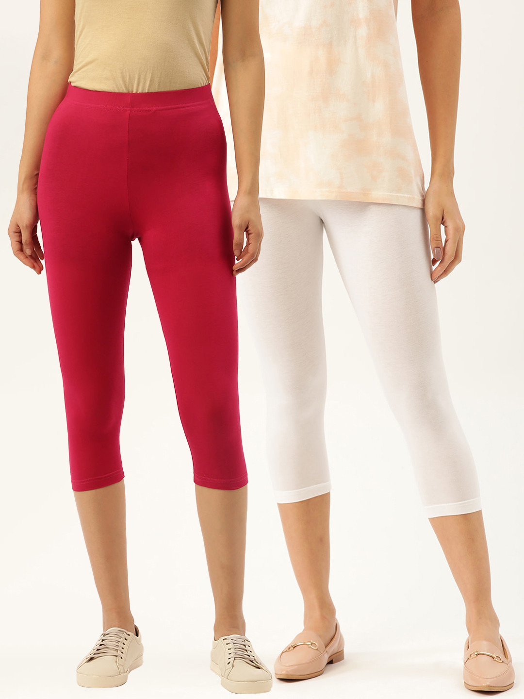 

Leading Lady Women White & Magenta Pack of 2 Solid Skinny Fit Capris