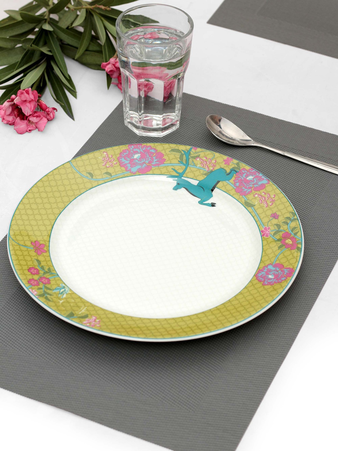 

India Circus White & Green Floral Printed Ceramic Dinner Plate