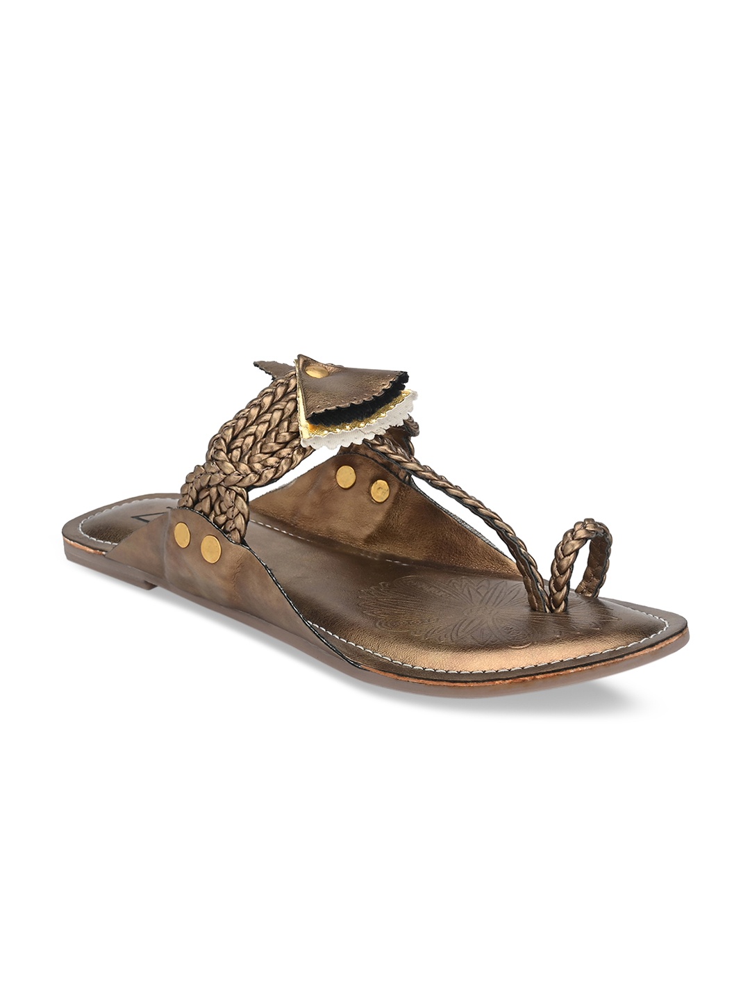 

Zebba Women Bronze-Toned Woven Design Open Toe Flats