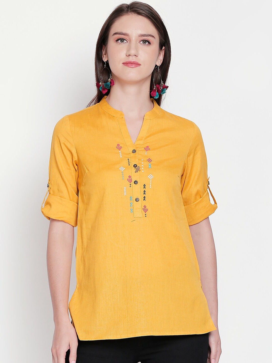 

AKKRITI BY PANTALOONS Women Mustard Yellow Embroidered Kurti