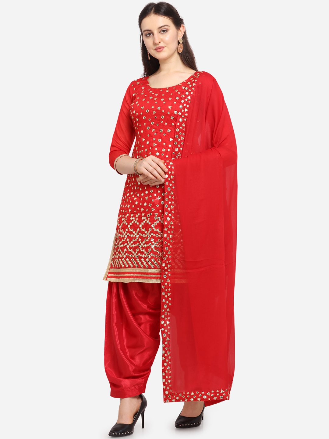 Ethnic Junction Women Red Silk Blend Mirror Work Unstitched Dress Material