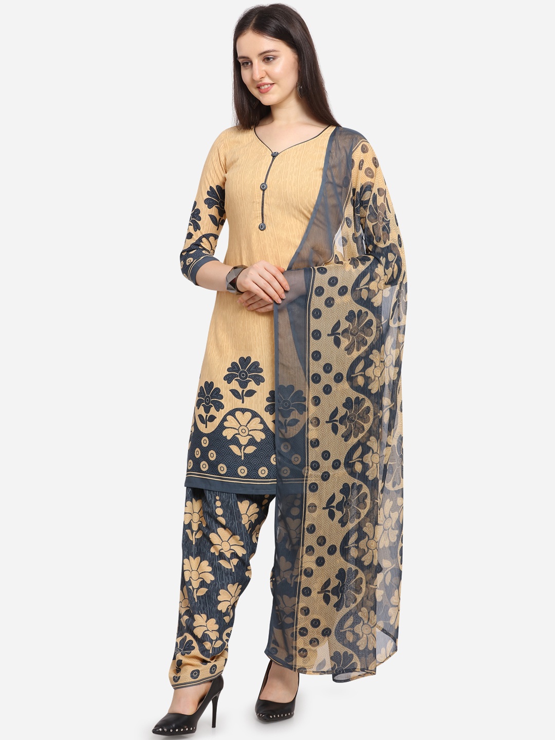 

Ethnic Junction Women Grey & Khaki Brown Floral Print Unstitched Dress Material