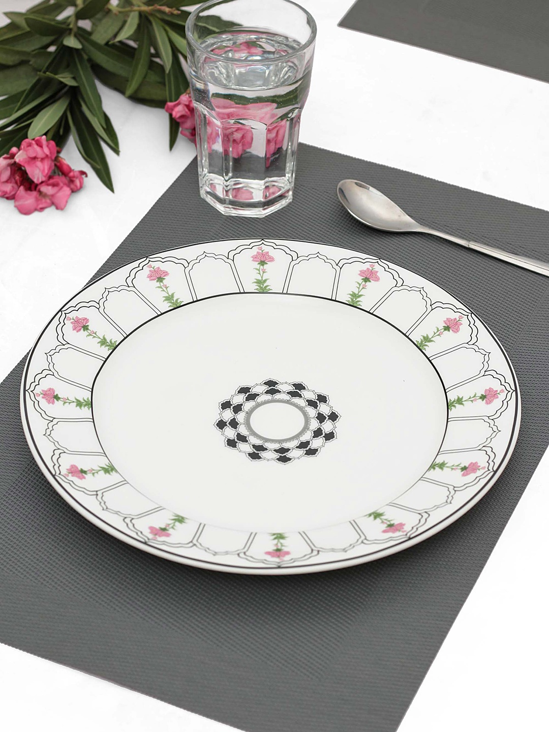 

India Circus White & Pink Floral Printed Ceramic Dinner Plate