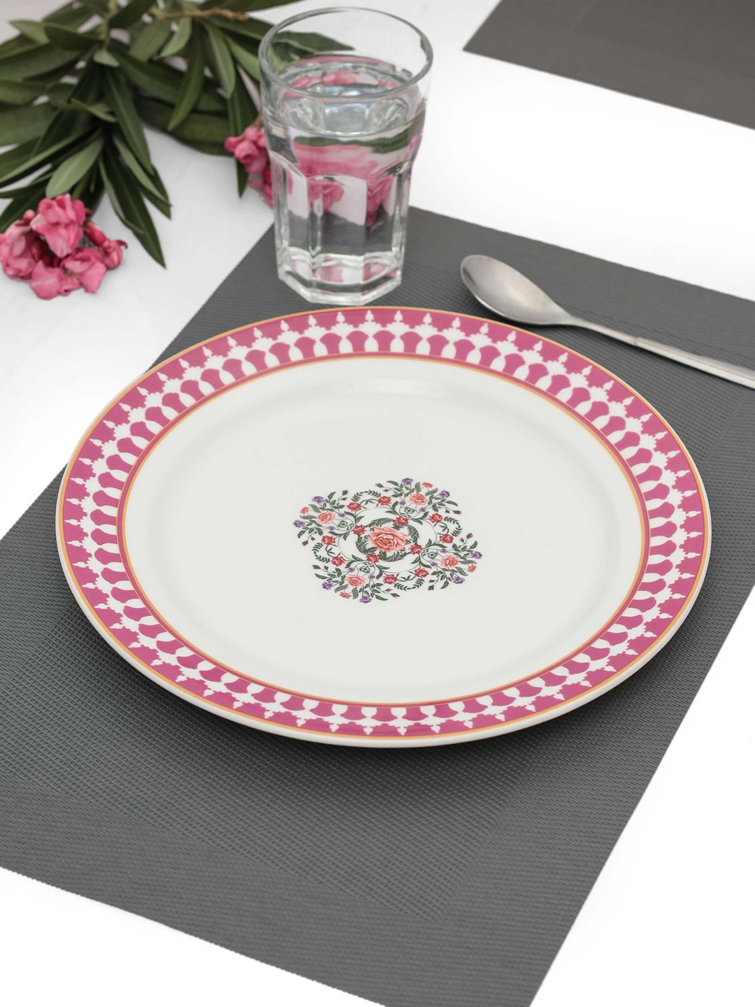 

India Circus White & Pink Floral Printed Ceramic Dinner Plate